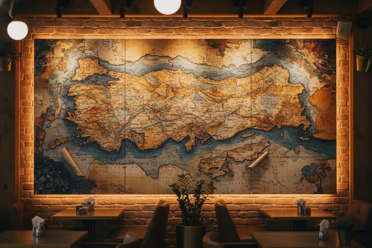 Kafe duvarında İstanbul boğaz haritası temalı büyük kolaj pano